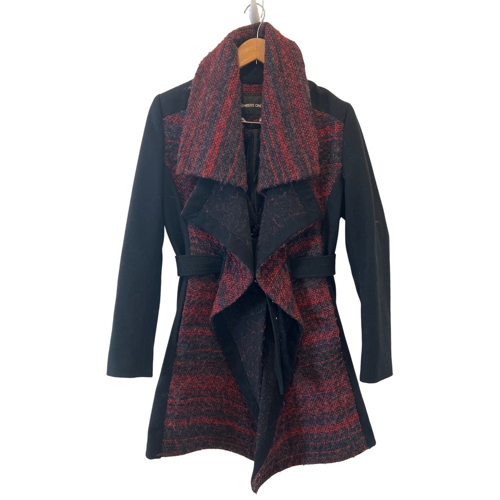 Members Only Belted‎ Waterfall Coat Red Black Wool Blend Asymmetrical Medium GUC